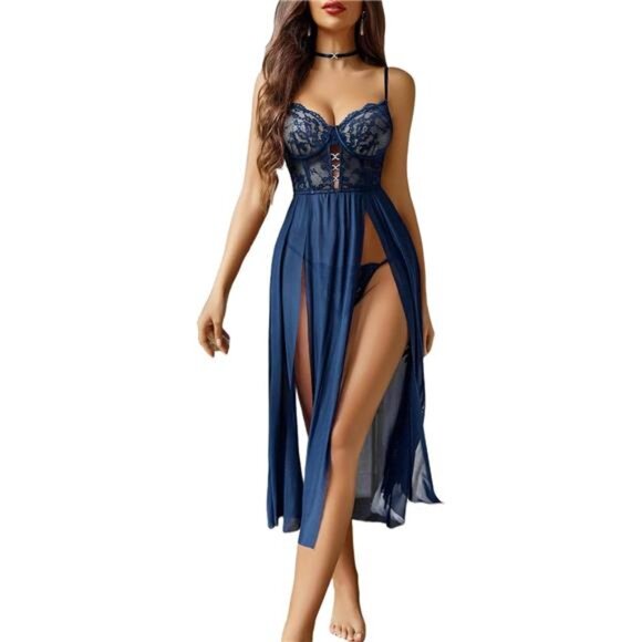 Women Lace Mesh Babydoll Sleepwear Navy Blue